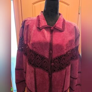 Women's Burgundy Crochet & Leather Jacket